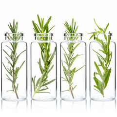 Close Up branch of fresh rosemary in glass bottles isolate on white background..