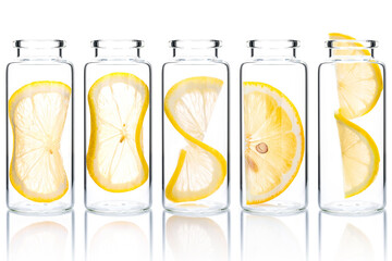 Homemade skin care lemon slice and lemon twist in glass bottles isolated on white background.