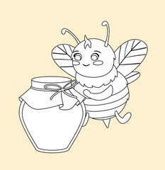 Bee line icon. Charming, adorable and cute character with wings near jar with natural and organic product. Harvest, spring and autumn. Poster or banner for website. Cartoon flat vector illustration