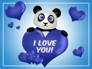 I love you photo with blue hearts and cute panda illustration