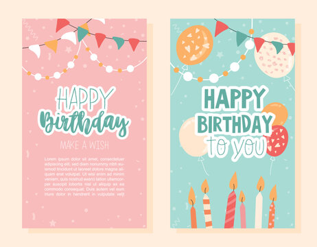 Birthday greeting postcards set. Collection of gifts, presents and surprises for holiday. Candles, decorations and balloons, flags. Cartoon flat vector illustrations isolated on beige background