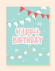 Birthday greeting postcard. Multicolored flags on ribbon, decorations for rooms and preparations for apartment for party. Festival, holiday and entertainment. Cartoon flat vector illustration