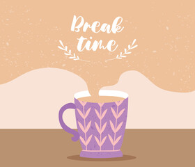 Break time coffee. Mug with hot drink, aroma and beverage. Advertising poster or banner for website. Cafe or restaurant menu. Comfort and coziness, rest and relax. Cartoon flat vector illustration