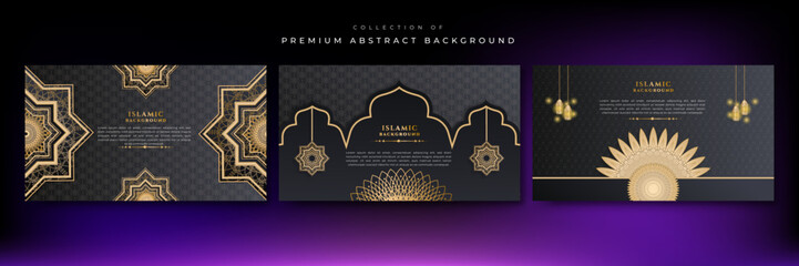 Luxury ramadan kareem background with black and gold mandala pattern, border, crescent moon, lantern, arabic pattern and calligraphy. Realistic vector illustration