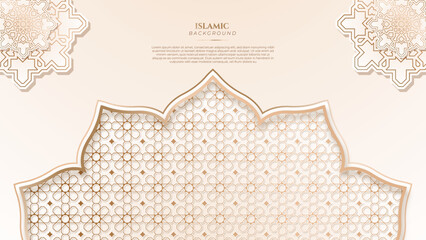 Beige pastel soft brown ramadan background with arabic ornamental mandala pattern and mosque. Vector illustration for presentation design, flyer, social media cover, web banner, greeting card - obrazy, fototapety, plakaty