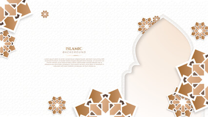 Beige pastel soft brown ramadan background with arabic ornamental mandala pattern and mosque. Vector illustration for presentation design, flyer, social media cover, web banner, greeting card