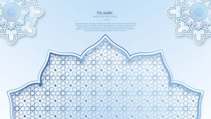 Blue green three dimensional ramadan background with arabic ornamental mandala pattern and mosque. Vector illustration for presentation design, flyer, social media cover, web banner, greeting card