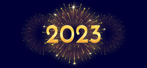 Happy New Year 2023 with fireworks and blue background. Vector illustration
