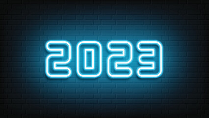 Happy New Year neon design. 2023 neon text. Neon 2023 new year sign. Vector Illustration.