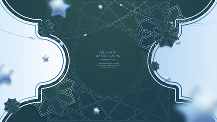 Blue green three dimensional ramadan background with arabic ornamental mandala pattern and mosque. Vector illustration for presentation design, flyer, social media cover, web banner, greeting card