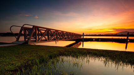 Dam scenery during sunrise at putrajaya lake.