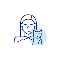 Cute young girl and her kitten. Happy pet owner icon. Pixel perfect, editable stroke line design