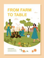 Fototapeta premium Farm banner concept. Man and women in garden water vegetables and fruits. Vitamins and health care, active lifestyle. Marketing and advertising booklet or cover. Cartoon flat vector illustration