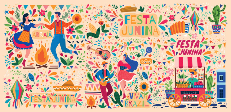 Festa junina template. Young men and women dance in traditional Mexican dress, Latin American style. Entertainment and events, festival, holiday and celebration. Cartoon flat vector illustration