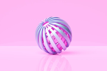 3D illustration of a     blue sphere  with many  faces and holes   on a pink   background.  Cyber ball sphere