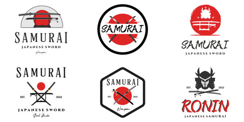 set of samurai sword logo vintage vector illustration concept template icon design, collection of japanese samurai sword retro with mask and modern concept vector illustration logo design