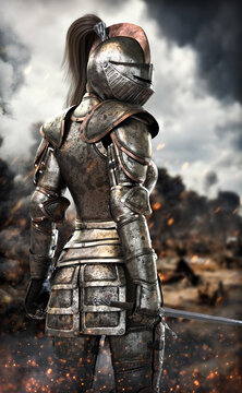 Portrait of a warrior female knight surveying the battlefield. 3d rendering