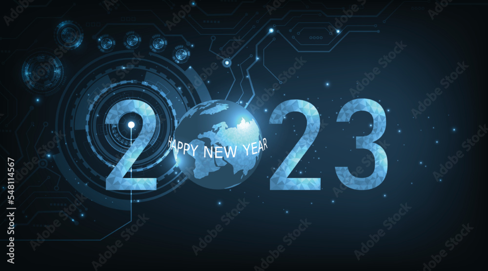 Poster  Concept of New Year 2023 Technology background.Dark blue low poly triangle connection New Year 2023 design background with sparkling glow effect.