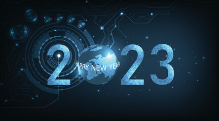  Concept of New Year 2023 Technology background.Dark blue low poly triangle connection New Year 2023 design background with sparkling glow effect.