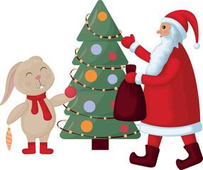 Santa Claus with a rabbit. Christmas illustration depicting a cute rabbit with Santa Claus and a Christmas tree. Vector illustration in cartoon style with the symbol of the new year