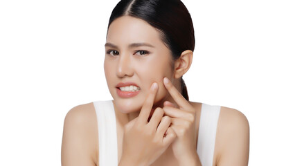 Obraz na płótnie Canvas Unhappy young Asian woman squeezing her pimple, removing pimple from her face. PNG file transparent background.