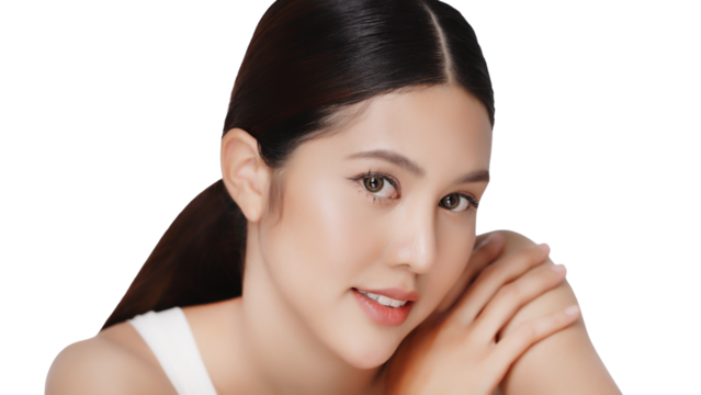 Close up Young Asian woman looking at camera, Skin care treatment or cosmetic ads concept. Beautiful female model with perfect fresh and clean skin. PNG file transparent background.