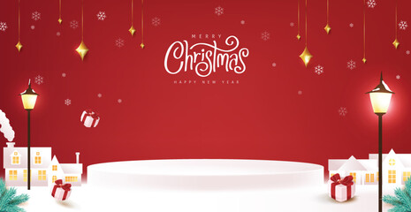 Christmas banner winter town landscape background and snow product display cylindrical shape