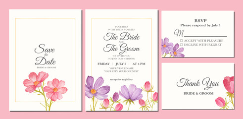 Manual painted of cosmos flower watercolor as wedding invitation.