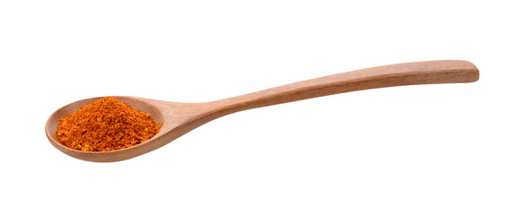 Red chili powder in wood spoon isolated on transparent png