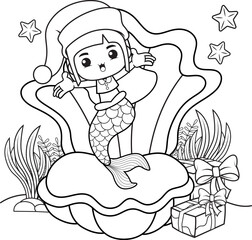 Christmas coloring book with cute mermaid girl