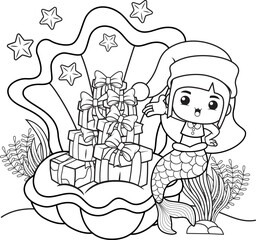 Christmas coloring book with cute mermaid girl