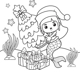 Christmas coloring book with cute mermaid girl