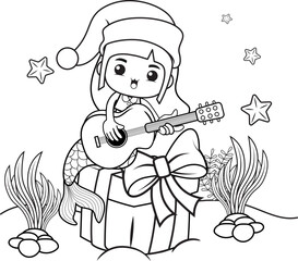 Christmas coloring book with cute mermaid girl