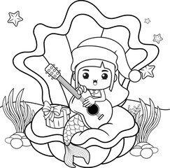 Christmas coloring book with cute mermaid girl
