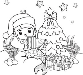 Christmas coloring book with cute mermaid girl