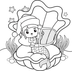 Christmas coloring book with cute mermaid girl