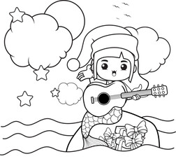 Christmas coloring book with cute mermaid girl