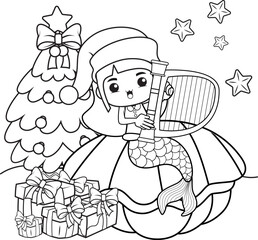 Christmas coloring book with cute mermaid girl