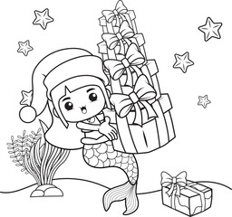 Christmas coloring book with cute mermaid girl