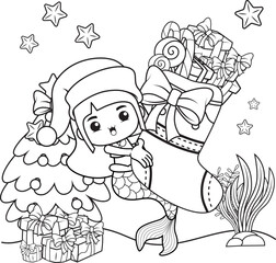 Obraz na płótnie Canvas Christmas coloring book with cute mermaid girl