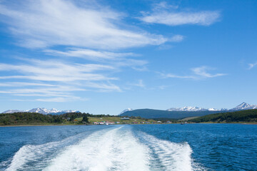Harberton village from Beagle channel, Argentina landscape
