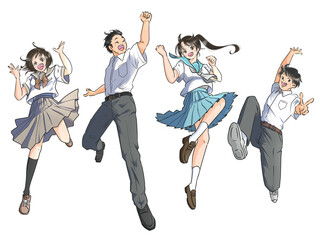 ジャンプする男女の学生　夏服