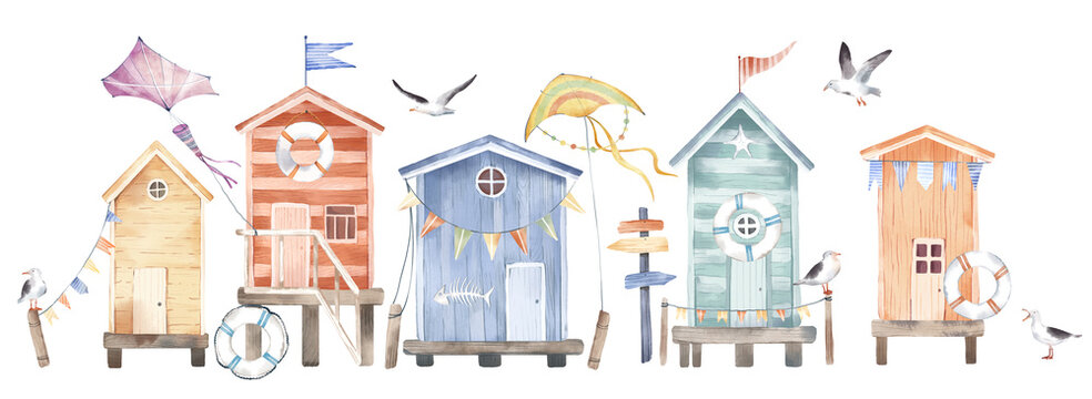 Watercolor hand drawn set, colorful illustration of cute small beach huts, red striped cabins, kites, seagulls, lifebuoy. Summer marine composition, sea coast elements isolated on white background.
