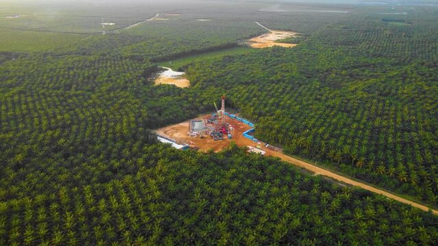 Cinematic 4K Drone Footage of Onshore Drilling Rig equipment structure for oil exploration and exploitation in the middle of jungle surrounded by palm oil trees during sunset and high oil price.