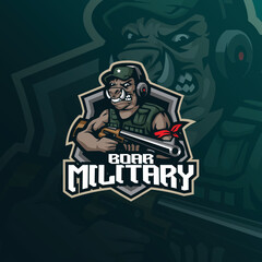 boar military mascot logo design vector with modern illustration concept style for badge, emblem and t shirt printing. angry boar illustration with guns in hand.