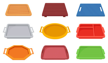 A set of plastic food trays.Trays for carrying food and serving in fast food establishments and cafeterias .Trays made of wood, metal and plastic.Vector illustration.
