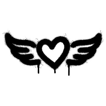 Spray Painted Graffiti heart wings icon Sprayed isolated with a white background. graffiti love wings  symbol with over spray in black over white. Vector illustration.