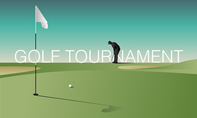 Golfclub competition poster. Template for golf competition or championship event. Blue sky and green golf field.