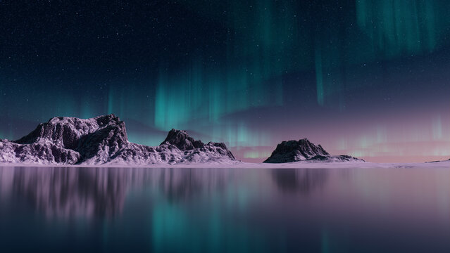 Green Aurora Borealis over Winter Terrain. Magical Northern Lights Background with copy-space.