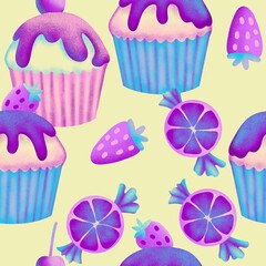 Hand drawn seamless pattern with pastel holographic dreamy dessert sweet food. Pink blue purple cake cupcake macaroon biscuit tasty bakery baking, birthday party design, trendy confectionery art.